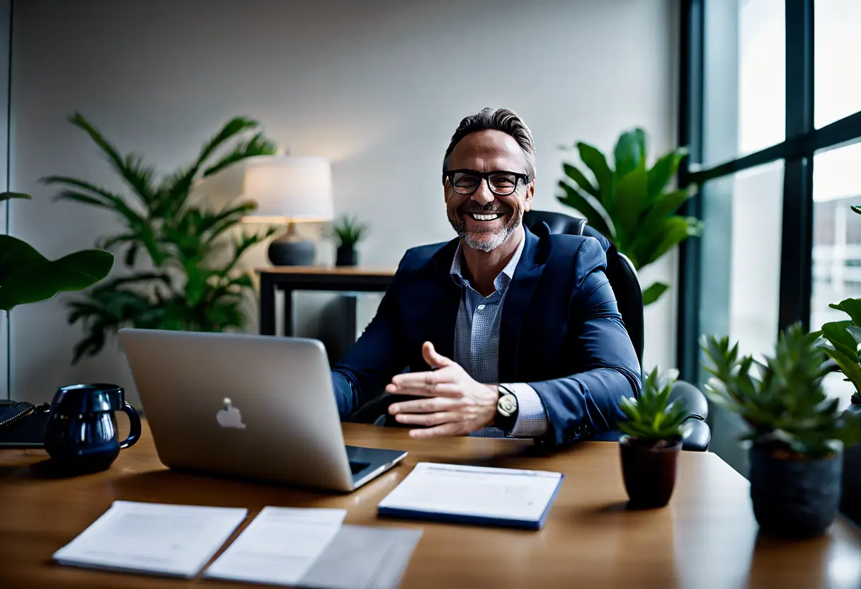 Consultant providing online marketing advice to a lawyer via video call.